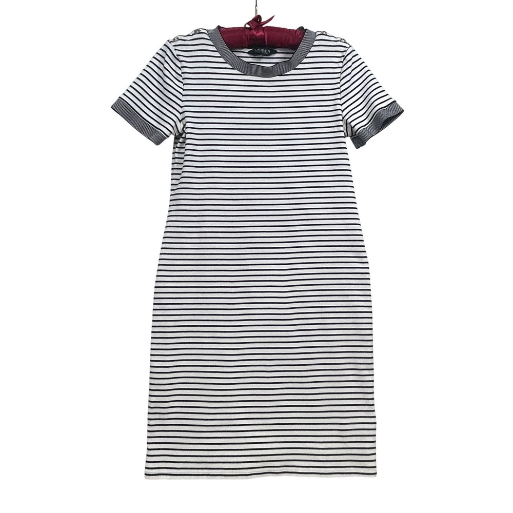 Lauren‎ Ralph Lauren Midi T Shirt Dress L Black White Striped Nautical Sailor